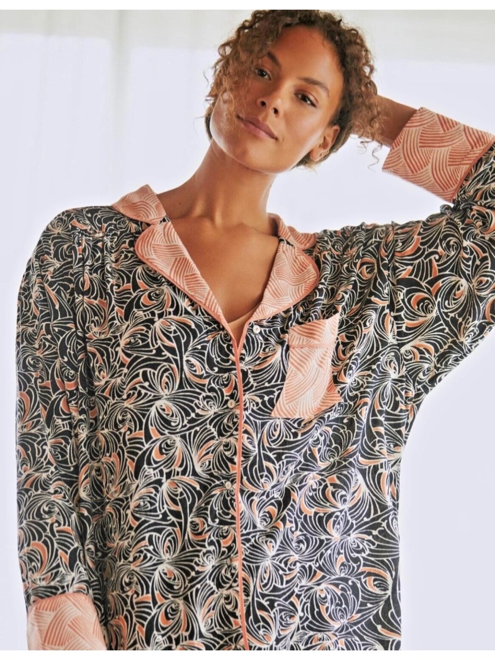 ANTHROPOLOGIE OVERSIZE MIX PRINT BUTTONDOWN SHIRT PAJAMA TOP CEDAR PLUS XL